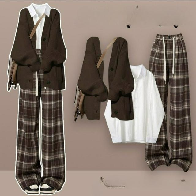 TEMU 新作秋冬レディーススーツ、韓国風ラジウィンドカーデガンセーターコート＆チェックワイドパンツ