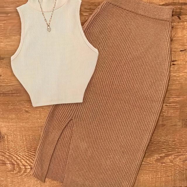 TEMU Damenset: Rippeliger Ärmelloser Rollkragen-Top & Brauner Rippelrock mit Schlitz, 2-teilig