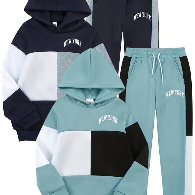 TEMU طقمان من السترات الرجالية الأنيقة ذات الألوان المحددة والبنطلونات الطويلة، مزينة بطبعة نيويورك للأولاد، مثالية للارتداء اليومي والرياضة والأنشطة الخارجية