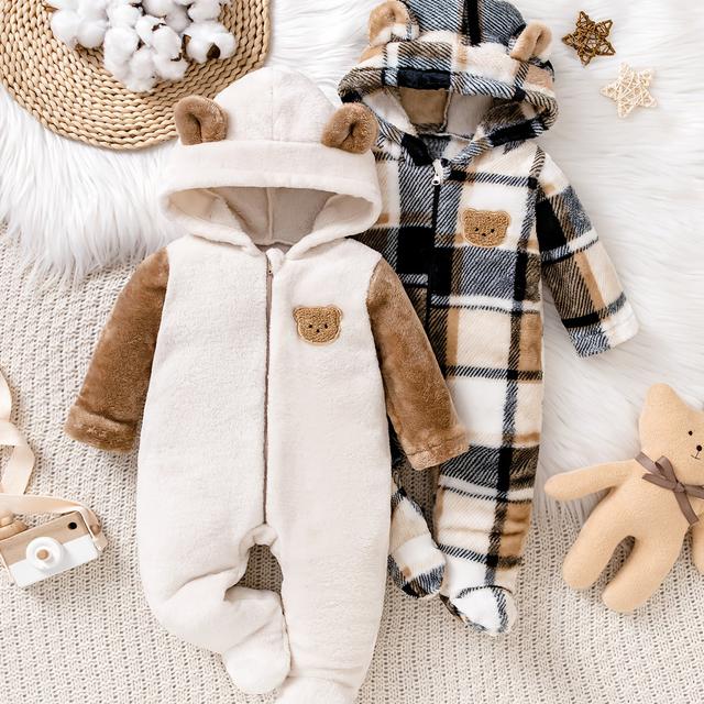 TEMU 2pcs Boys And Girls Autumn Winter New Plaid Zipper Hooded Romper With Cute Bear Patch, Casual Footie Onesies Set, Perfect For Outdoor