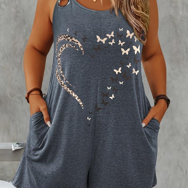TEMU Plus Size, Women's Fashion Print Romper With Round Neck, Ring Decoration Pockets, Sleeveless Vest Jumpsuit, Casual Elegant Shorts Plus Size Romper Women's Clothing