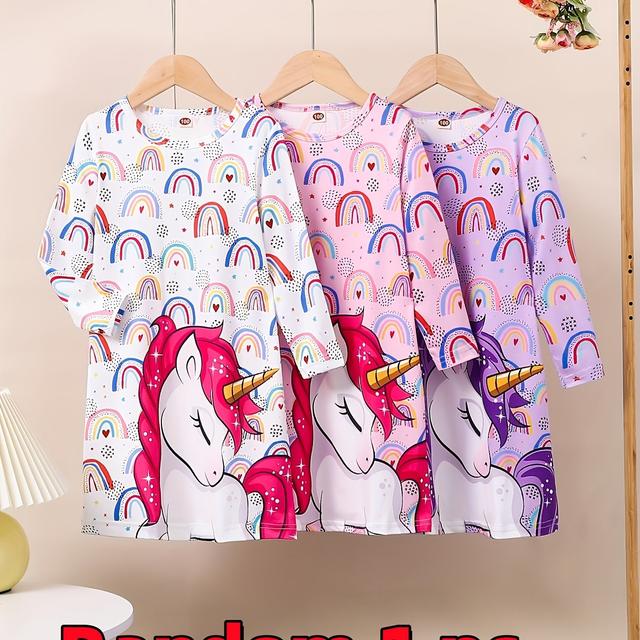 TEMU 1 Willekeurige Waardevolle Meisjes Nachtjapon - Eenhoorn Regenboog Thema, Kleurrijke Print, Comfortabel voor Zowel Slapen als Spelen, Zachte en Schattige Pyjama