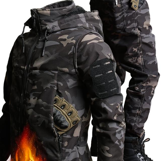 TEMU Men's Autumn And Winter Fleece Suit Jacket, Long Pants, Warm Outdoor Wear Resistant Hiking, Multi Pocket Plush Suit Jacket Set, Detachable Hat Zipper Outdoor Jacket Set, Workwear Camouflage