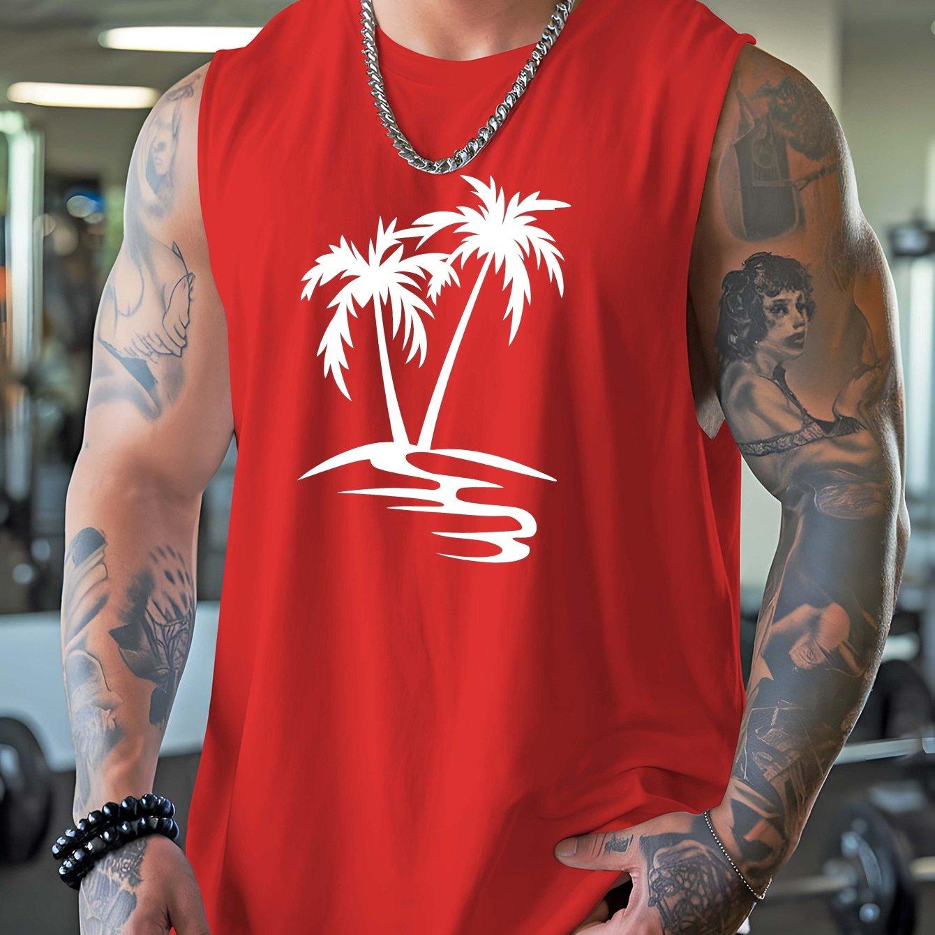 TEMU Outdoor Sea Palm Trees Large Loose Sports Vests For Men, Perfect For Summer With Breathable And Quick-drying Fabric, Ideal For Basketball Fitness, Featuring , Plus Size