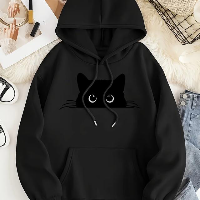 TEMU Women's Fashion Simple Cartoon Black Cat Drawstring Hoodie Sweatshirt