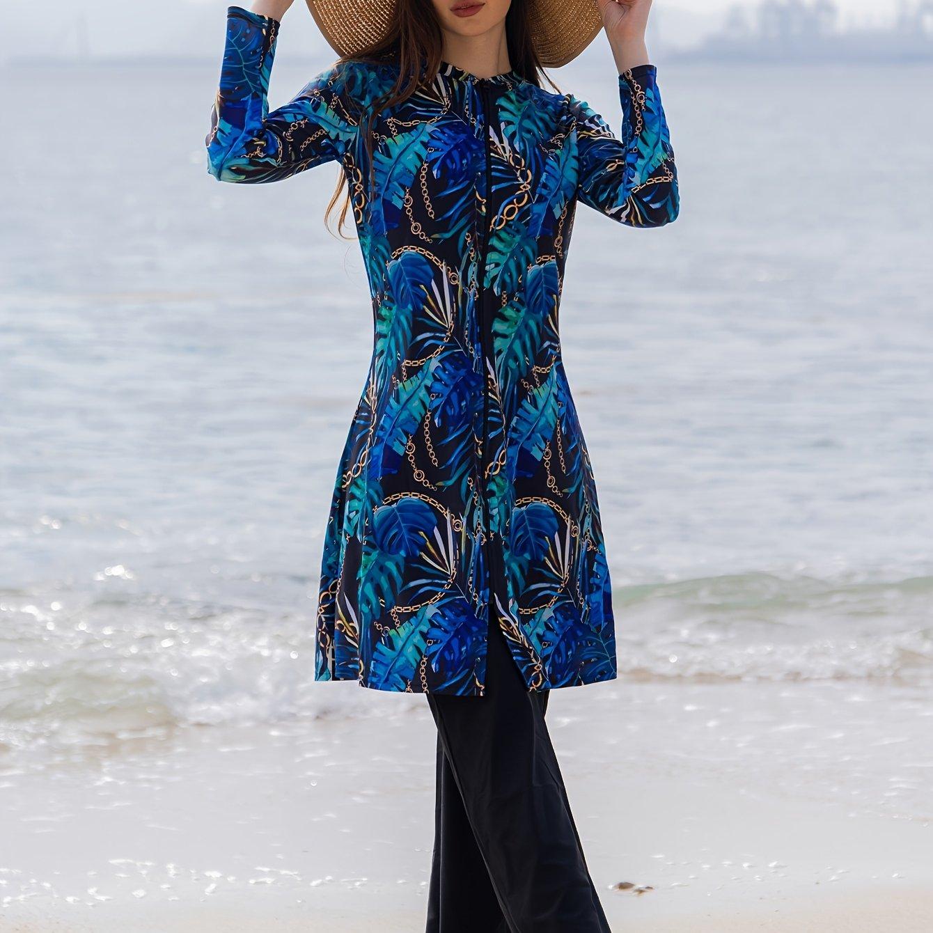 TEMU Middle Eastern Style Ramadan Long Sleeve And Pants Separates Two-piece Set Women's Floral Pattern Conservative Burkini Full Coverage Swimwear Women's Swimsuit Summer Beach
