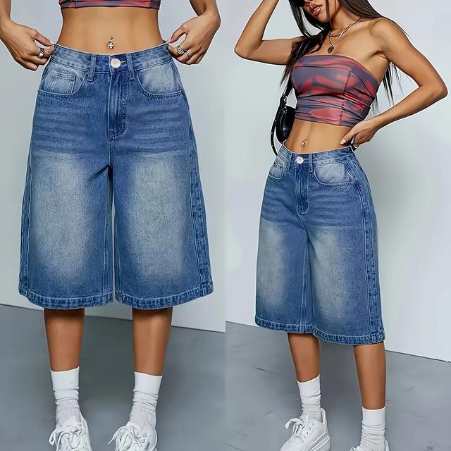 TEMU Women's High-waisted Casual Denim Bermuda Shorts - Light Blue Washed Mid-length Jeans With Button Closure, Comfortable Spring/summer Style, Casual Attire, High Waisted Shorts