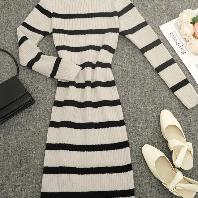 TEMU Striped Slim Knitted Dress, Elegant Long Sleeve Crew Neck Knee Length Bodycon Dress For Fall & Winter, Women's Clothing