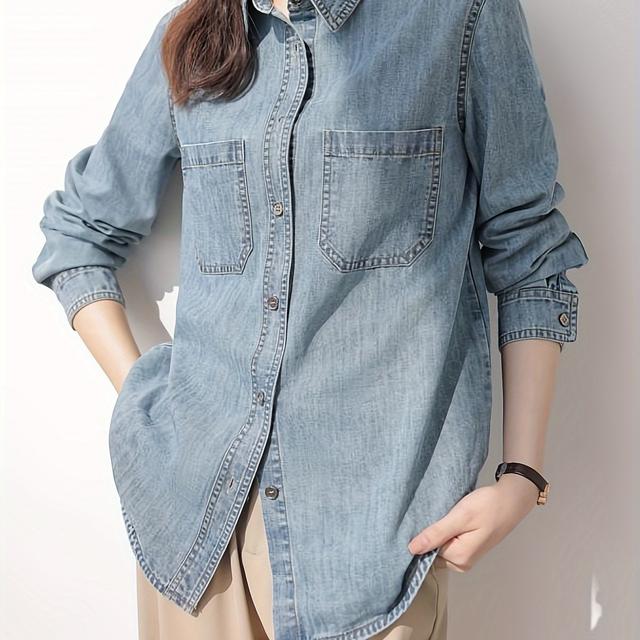 TEMU Washed Distressed Denim Shirt Casual Loose Fit Shirt For Layering And Outdoor Wear