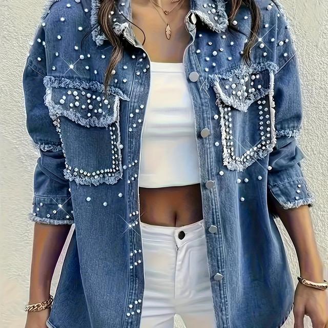TEMU 25AW Diamant Parel Dames Plus Size Denim Top met Diamant Parel Versieringen, Gewassen Denim Jas, Stijlvolle Casual Denim Kleding