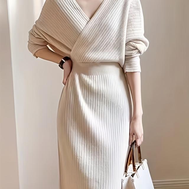 TEMU 【商品名】レディース ト Vネック セーター ドレス - 冬 暖か 長め 膝丈 無地 Aライン ベルト付き、ルーズフィット 秋/冬向け、カジュアルからルまで使える万能ウェア (ブラウン/ネイビー/) - デート、旅行、仕事、普段着に最適な心地よいドレス - 韓国風 &