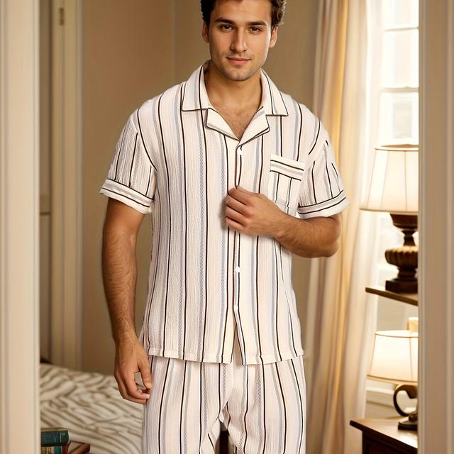 TEMU Herren Atmungsaktives Sommer-Pyjama-Set - Bequemes Polyester mit Kurzarm & Shorts mit Reverskragen, Geometrisches Muster