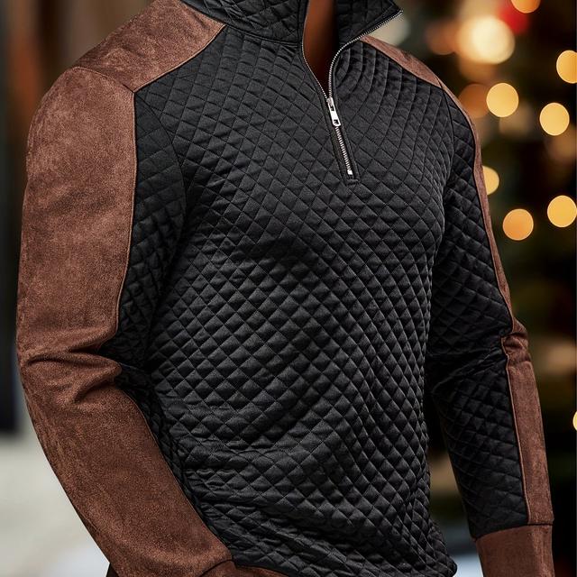 TEMU Męska koszulka na jesień i zimę z teksturowanym wzorem diamentów, kontrastowymi kolorami i długim rękawem zapinanyem na zamek, stylizowana męska koszulka Henley