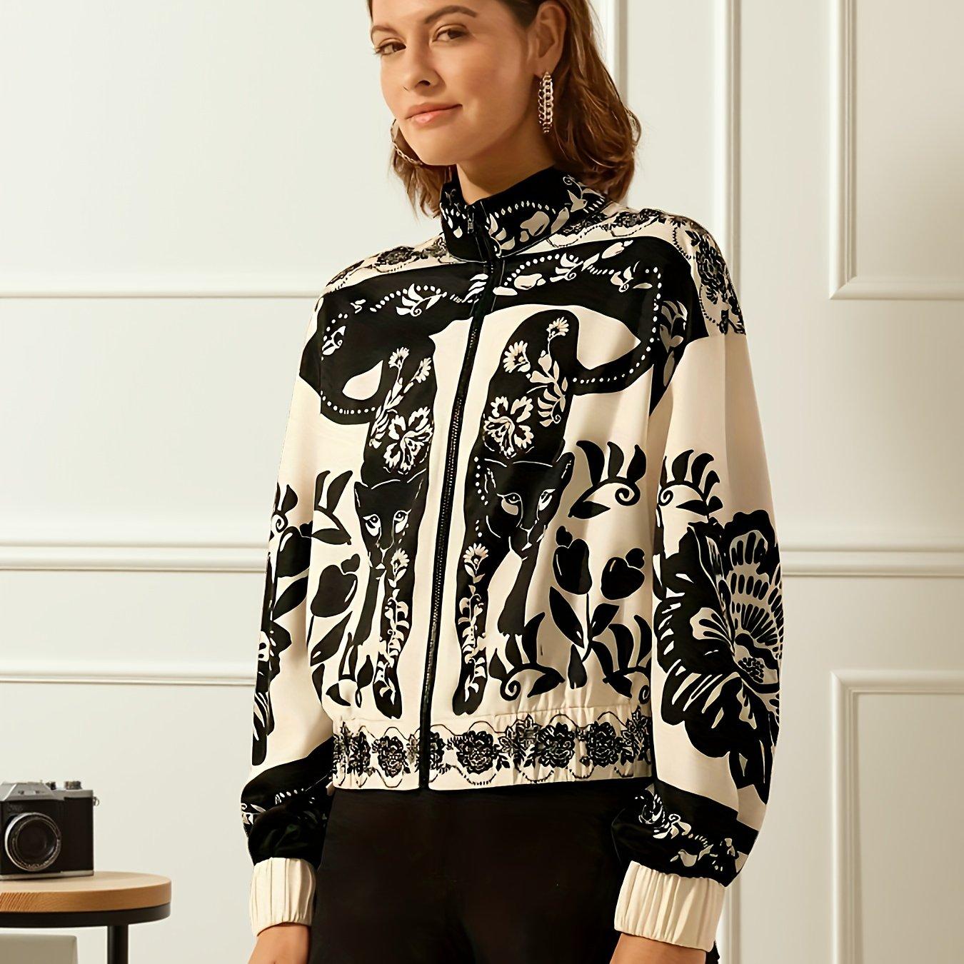 TEMU Women's Elegant Bohemian Leopard Print Peony Pattern High Neck Long Sleeve Zipper Front Lightweight Jacket - Machine Washable Casual Fashion Top For Autumn And Winter