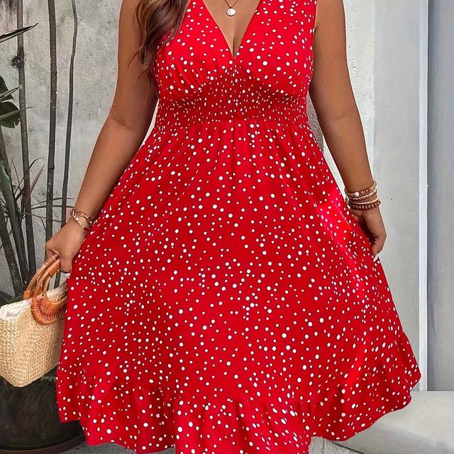 TEMU Plus Size Spotted Print Shirred Waist Dress, Elegant Sleeveless Dress For , Women's Plus Size Clothing