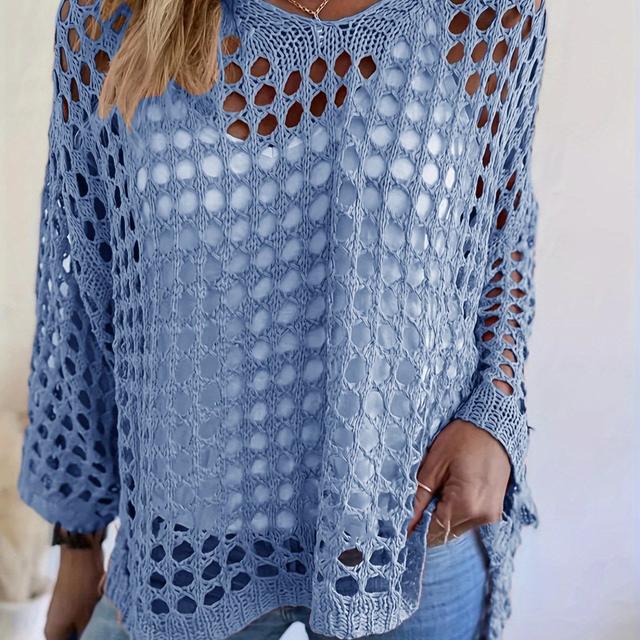 TEMU Plus Size - European And Long-sleeve V-neck Solid Color Simple Women's Hollow Out Versatile Casual Pullover Large Size Top