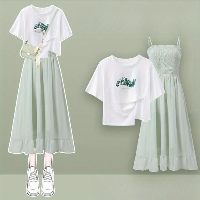 TEMU 夏セット【店舗ヒット】ドーパミンサマークローズセット ミントカラー ンス 大きいサイズ レディーススリムサスペンダードレス 2点セット