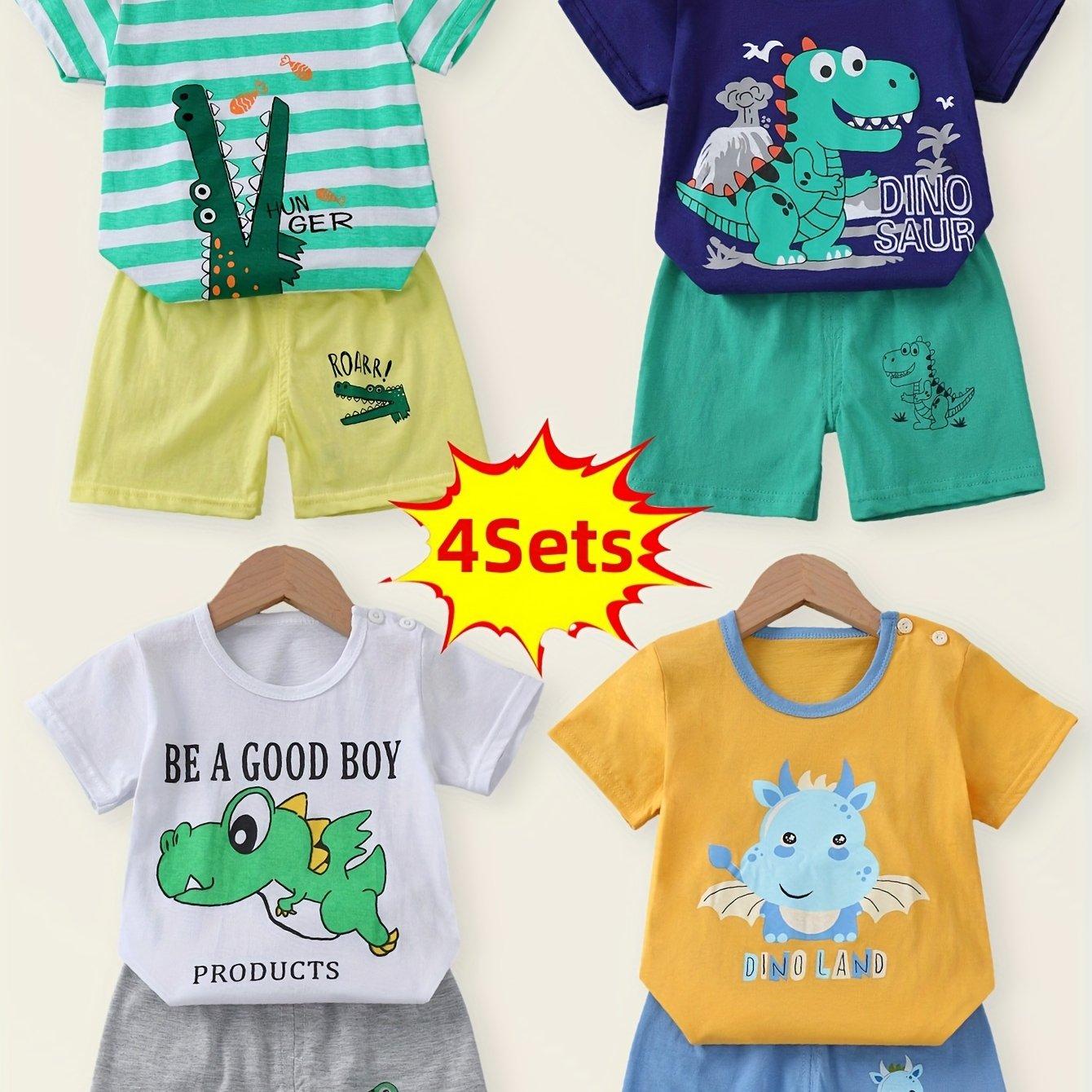 TEMU 4pcs Set Pure Short-sleeved Shorts Set Soft And Comfortable Set Indoor And Outdoor Casual Set Dinosaur Tiger Crocodile Print, For Outdoor