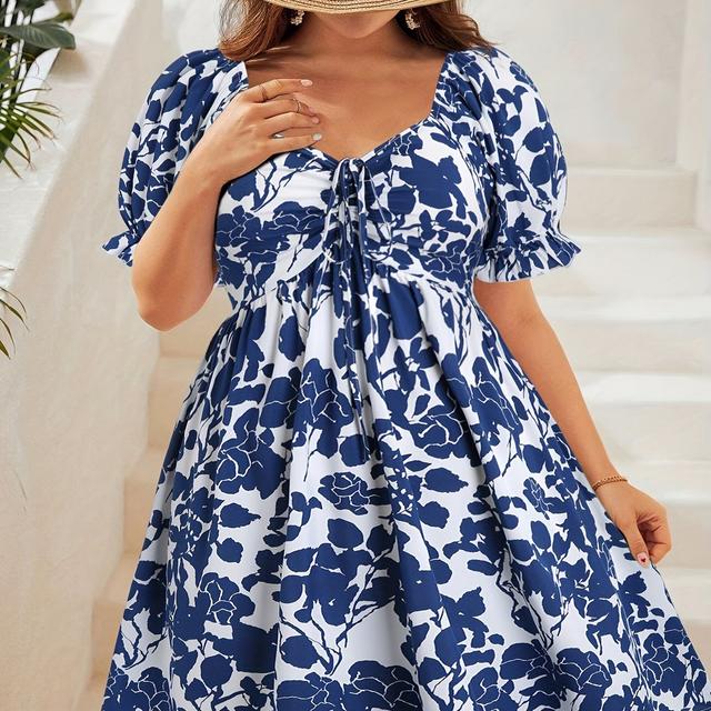 TEMU Plus Size - Plus Size - Plus Size Women's Dress Floral Lantern Sleeve Drawstring Waist Tie Women's Dress