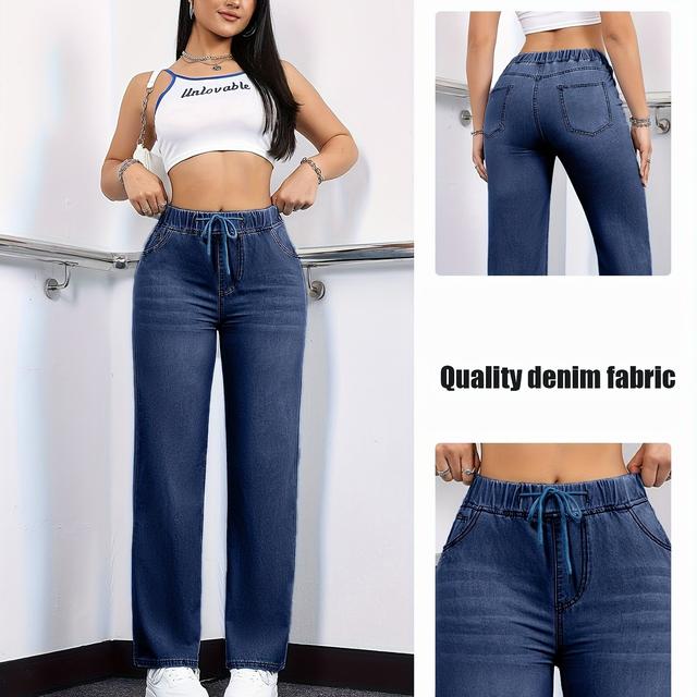 TEMU Solid Color Washed Blue Jeans With Drawstring Waist, Women's Denim Pants And Apparel