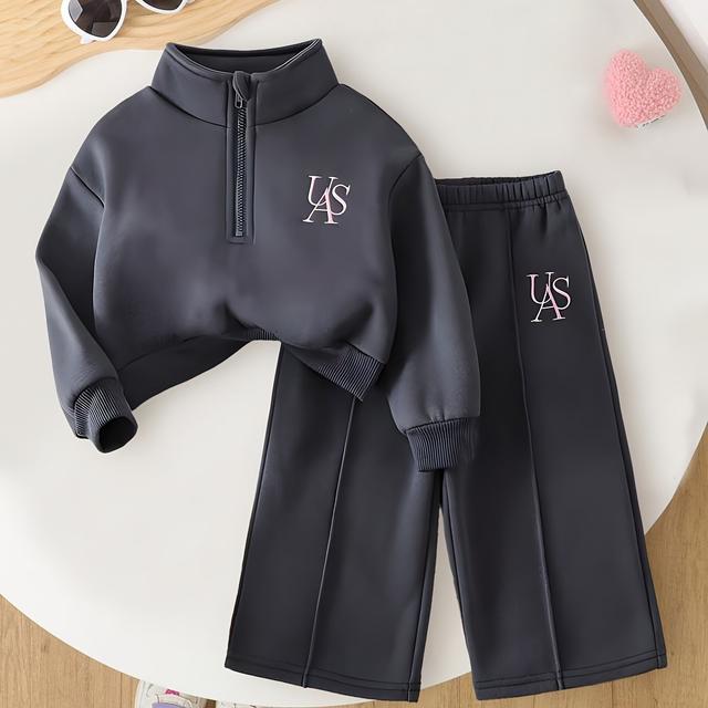 TEMU 2-teiliges Set für Mädchen: Warmer Winter-Plüsch-Sweatshirt mit Reißverschluss Buchstabenstickerei sowie bequeme, verdickte lange Freizeithose für Ausflüge, trendige coole Streetwear, für draußen