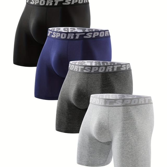 TEMU Set Of 4 Men's Long Boxer Shorts, Easy And Stylish, Mid-rise, Loose-fitting Sports Underwear For Young Students