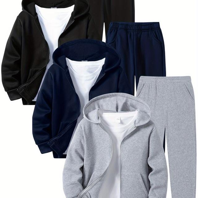 TEMU Boys' 3pcs Fleece-lined Hoodie & Sweatpants Set - Solid Color, Zip-up, Casual Sportswear For Fall/winter, Outdoor