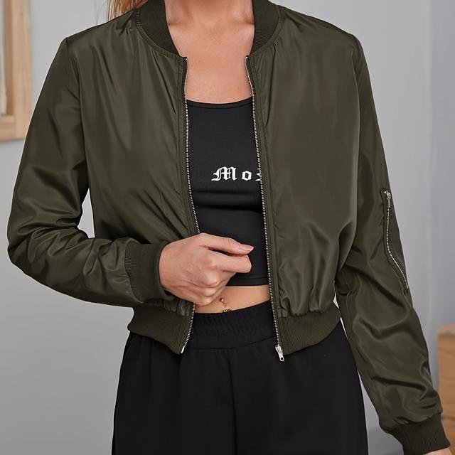 TEMU Plain Up Jacket, Elegant Long Sleeve Baseball Collar Jacket For Fall & Spring, Women's Clothing