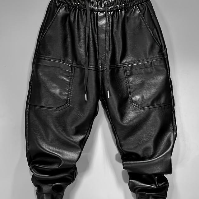 TEMU Pantalones de moda casual para hombre 829 con corte , bolsillos de parche delanteros, cintura elástica con cordón y ribete de cuero PU