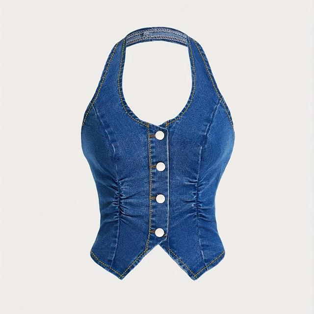 TEMU AW25 Top de Denim Halter para Mujer con de Botones - Hombros Descubiertos, Fruncido, Ajustado, Lavable a Máquina - , Estilo Elegante /Verano/Otoño, Top Casual, Texturizado
