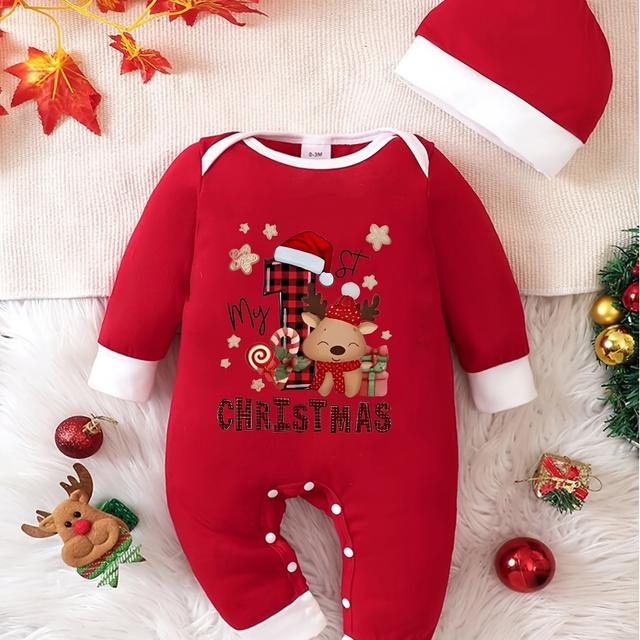 TEMU Різдвяний комбінезон з капюшоном - ромпер із принтом Санти, оленів та сніговика, рукав, круглий виріз, ручне прання, святковий одяг для вечірок (унісекс), для вулиці