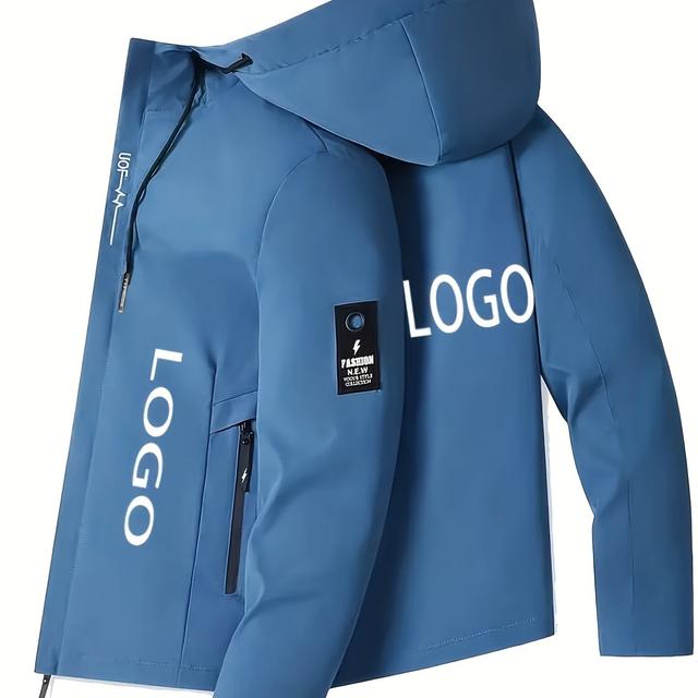 TEMU Customizable Black Hooded With "logo" Print - Polyester, Zip-up, Regular Fit, Front Pockets, For Men, Casual Outerwear | Lettering Jacket | Polyester Jacket