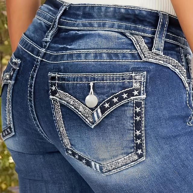 TEMU Dames Stretch Broderie Mode Versatile Flared Broek in Grote Maten