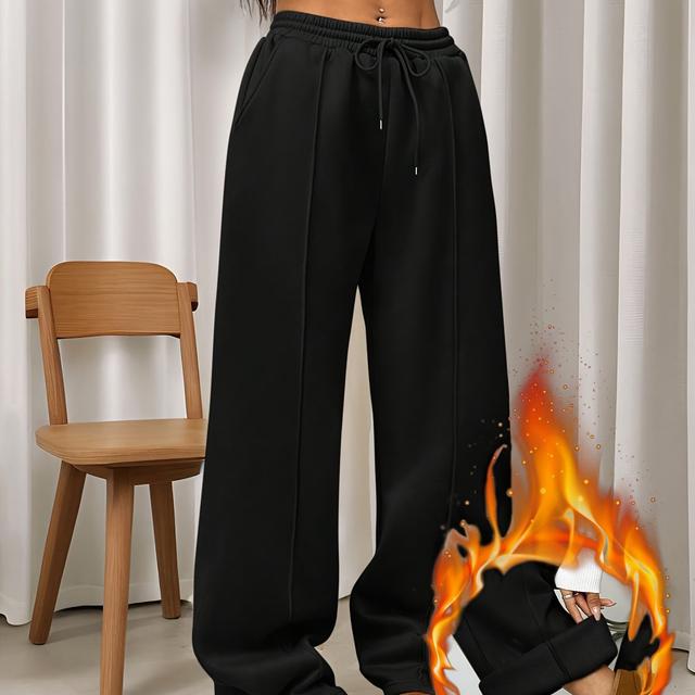 TEMU Pebble Seam Detail Straight-leg Pants - Women's Casual Wide-leg Trousers, Elastic Waistband - Loose-fitting Slightly Stretchy Fabric, Machine Washable, Autumn And Winter Casual Wear