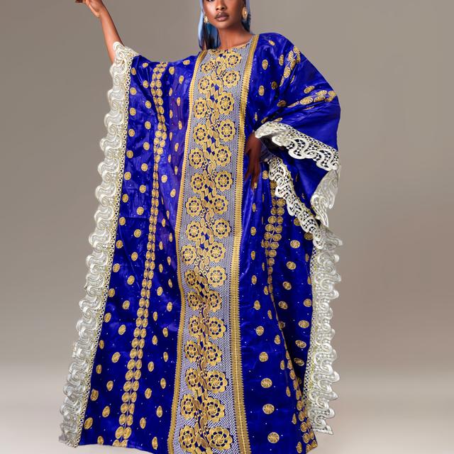TEMU Robe abaya longue et à manches chauve-souris, , motif géométrique, en polyester brodé, ceinture, pour mariage traditionnel africain, Sénégal, dame nigériane.