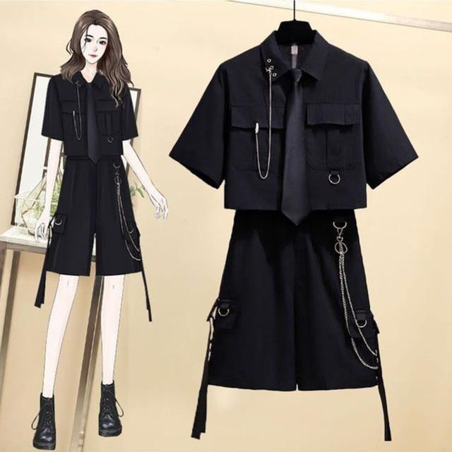 TEMU レディース夏新作 韓国風ルーズショートスリーブシャツ＋ウェア5分パンツ2点セット トレンド