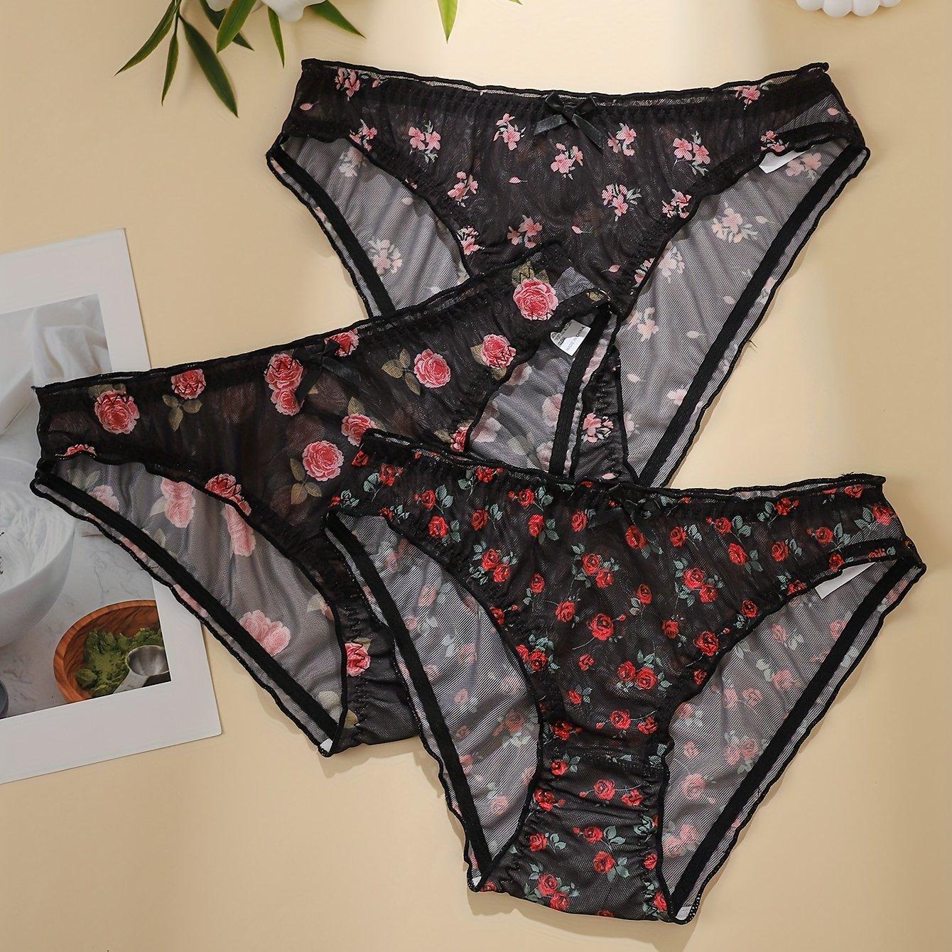 TEMU 3-pack - Floral Print Series Bow-decorated Comfortable And Breathable Women's Panties, Sweet And Romantic, Skin-friendly And Soft Women's Briefs
