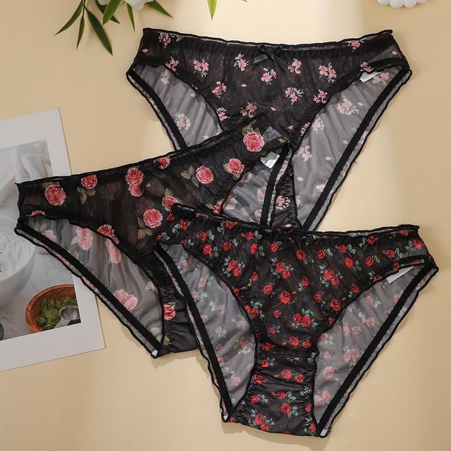 TEMU 3-pack - Floral Print Series Bow-decorated Comfortable And Breathable Women's Panties, Sweet And Romantic, Skin-friendly And Soft Women's Briefs