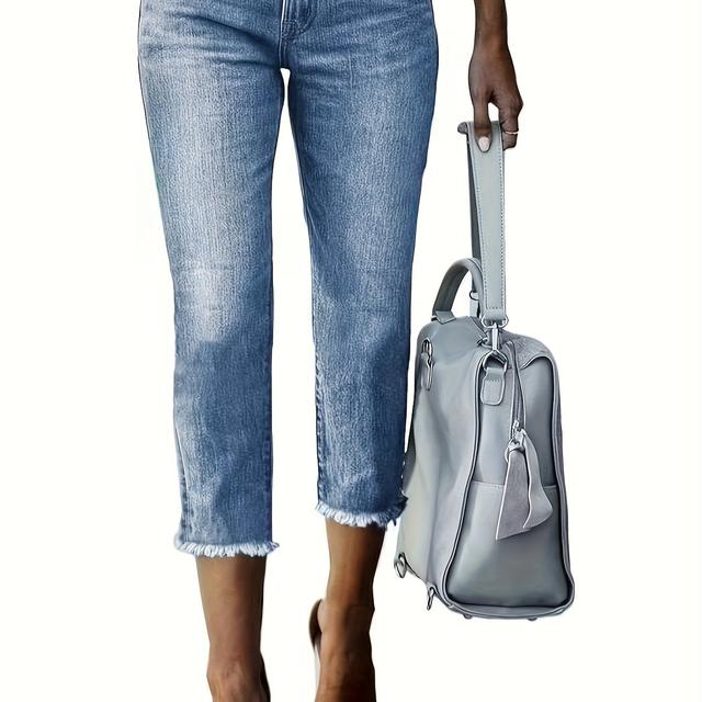 TEMU Women's Stretchy Fashionable Versatile Embroidered Frayed Hem Cropped Jeans