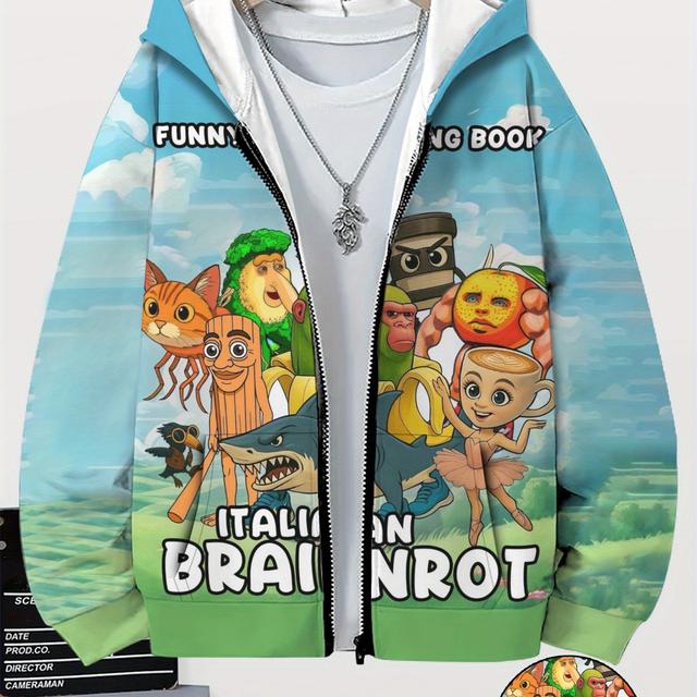 TEMU Italian Brainrot Fusion Boys' Fashion Hoodie With 3d Pixel , Zip-up Casual Sport Jacket For Autumn And Winter Gift
