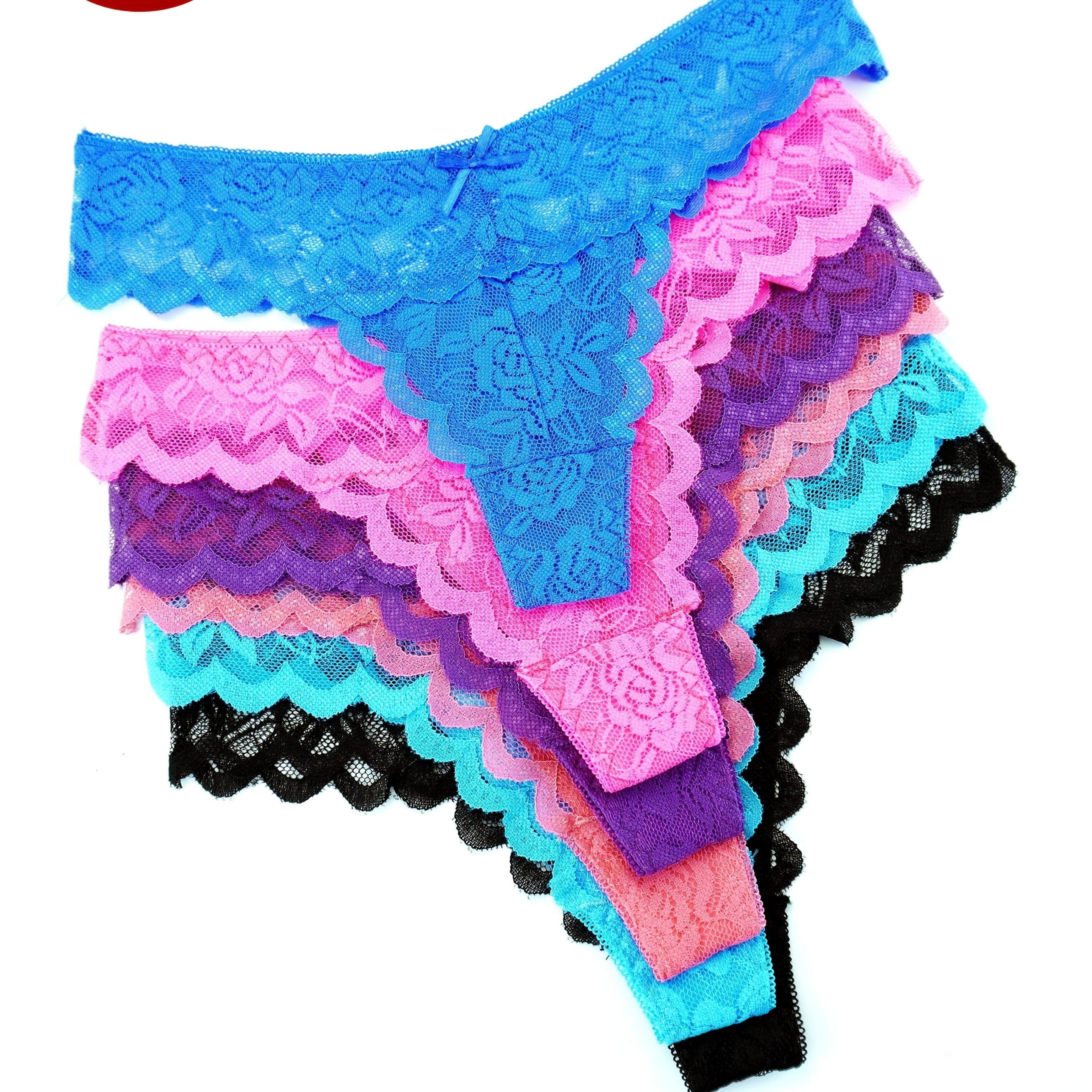 TEMU Conjunto de 6 bragas tanga de encaje transparente para mujer con detalles de