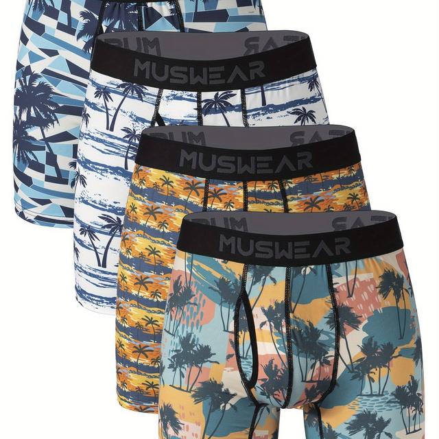 TEMU Set Of 4 Muswear Men's Boxer Briefs, Moisture-wicking, Quick-dry, Long Length With Side , Perfect For The Beach With Palm Tree Prints