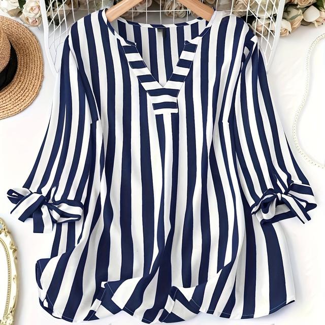 TEMU Plus Size, Women's Plus Size Oversized Striped -neck Sleeve Blouse - Casual Semi-sheer Shirt Suitable For Spring Summer Fall