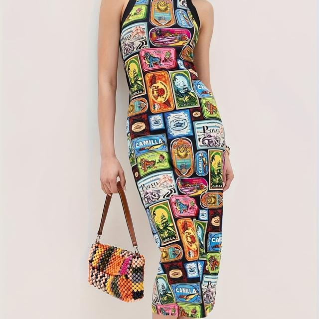 TEMU Damesjurk in Europese en Amerikaanse stijl 2025, modieus, met graffiti, spaghettibandjes, bandeau, temperamentvol en heuplichthoudend