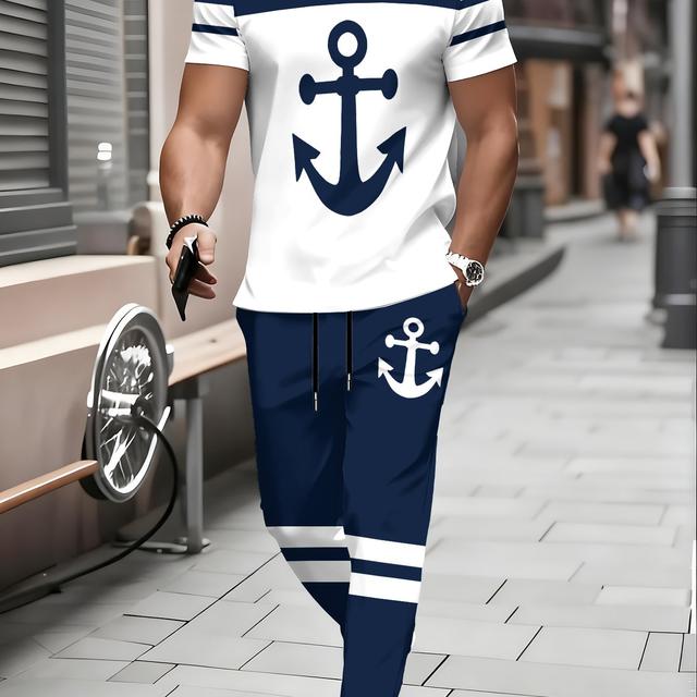 TEMU Men's Short-sleeve And Long-pants Set, Featuring A Round-neck T-shirt With Comfortable Trousers, Suitable For Indoor And Outdoor Wear , Summer, And Autumn. A Brand Outfit Stylish And Versatile