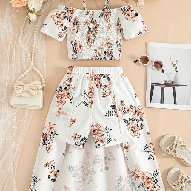 TEMU Nyári Laza Kiránduló Nyomtatott Virágmintás Vékony Vállpántos Ráncolt Kézműves Rövid Ujjú Felső és Rövidnadrág Hal Design Lány Szett Két Részes Rövidnadrág Szett, Tökéletes Kültéri Használatra