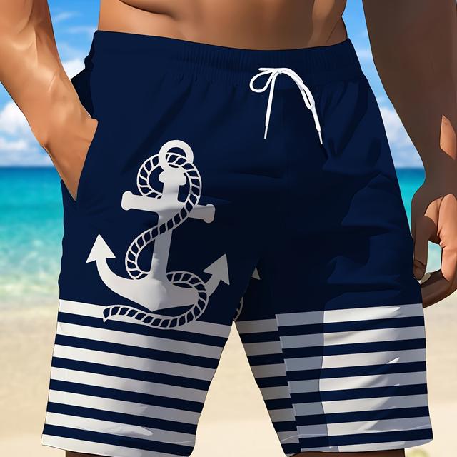 TEMU Men's New Anchor Pattern Beach Shorts, Fashionable And 3d Anchor Pattern Color-block Print, Summer Outdoor Casual Comfortable Breathable Beach Shorts For Men