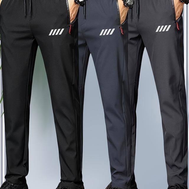 TEMU 남성용 경량 조거 팬츠 3개 세트 - 지퍼 포켓, 통기성 폴리에스터, 끈 조절 허리, 블랙/그레이/다크 그레이, 캐주얼 여름복, 남성을 위한 이상적인 선물