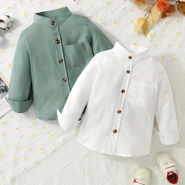 TEMU Boys' Solid Color Stand Collar Ramadan Long Sleeve Shirt With Pocket, Two-pc Children's Eid Casual Tops