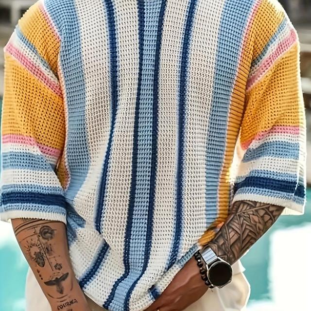 TEMU 1 Stück Herren Freizeit Strickpullover, Rundhalsausschnitt, Kurzarm, Länge, Mikroelastisch, gerippter Kontraststreifen, Urlaubsstil, für Frühling/Sommer/Herbst Strand Oberbekleidung, Plus Size